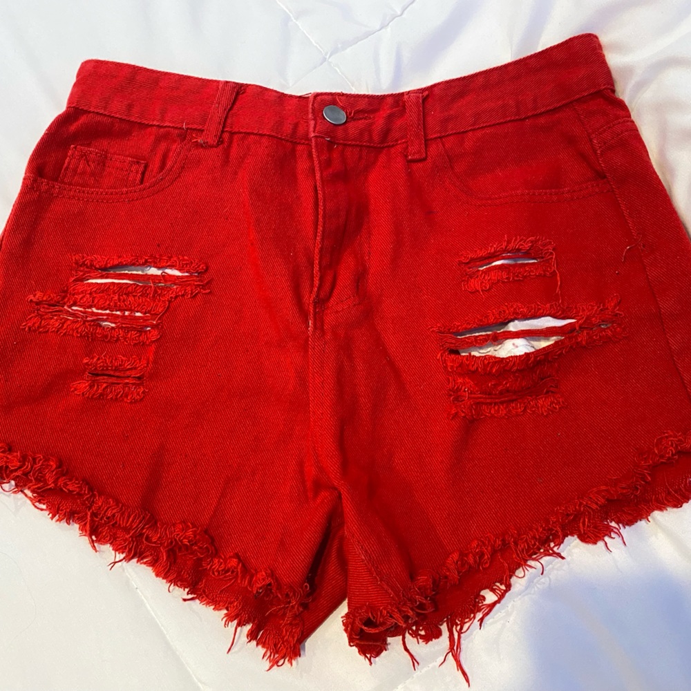 Womens red distressed denim shorts ; size Large